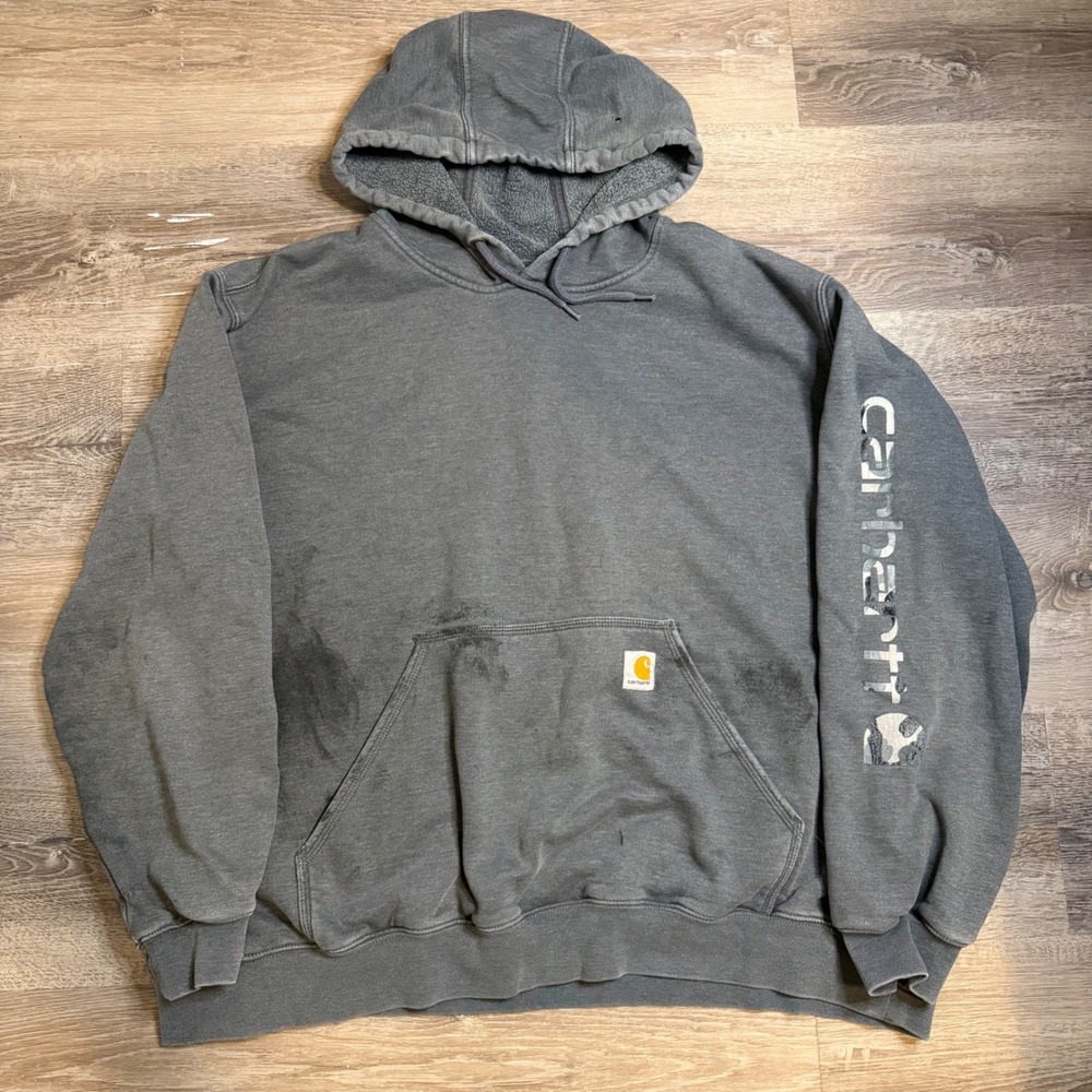 Carhartt Mens 2XL Original Fit Hoodie Gray Camo Sleeve Logo Distressed Workwear